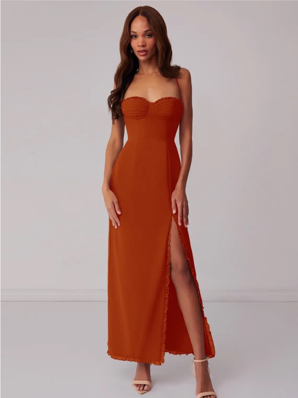 Azazie Strapless Maxi Dress in paprika. Bridesmaid dresss